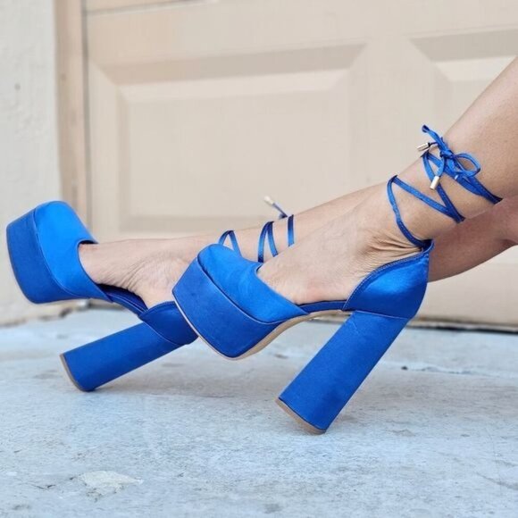 Womens Satin Platform Chunky Lace Up Heels Blue Color - Picture 4 of 5
